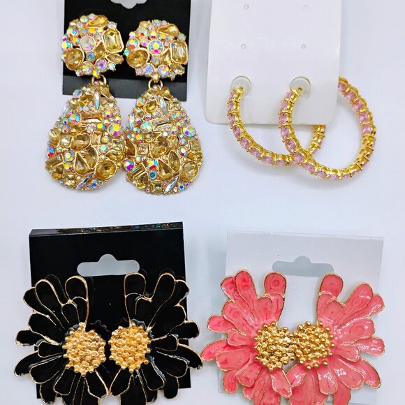 4 pair of earrings lot - flowers, hoops and glam crystal drop - Picture 1 of 2
